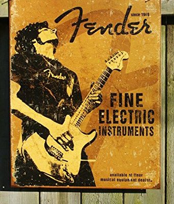 Fender Rock On Guitar Fine Electric Instruments Distressed Retro Vintage Tin Sign 0