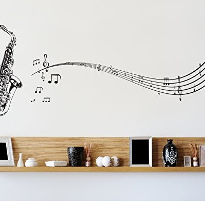 Stickerbrand Music Vinyl Wall Art Saxophone With Music Notes Wall Decal Sticker Black 72 X 31 Easy To Apply Removable Includes Free Application Squeegee 0