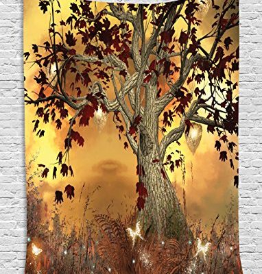 Wall Art Decor Old Twisted Tree Fairy Scene Butterflies Wings Enchanted Forest Nature Fantasy Imaginary Mystic Wonderland Tapestry Hanging Wildlife Living Room Dorm Decor Brown Burgundy Yellow 0